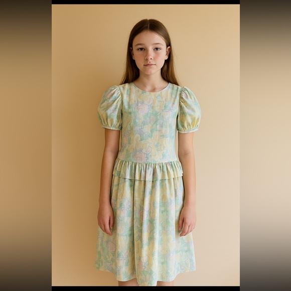Vintage Other - Vintage Manhattan Girl XL 80s Floral Drop Waist Back Bow Puff Short Sleeve Retro